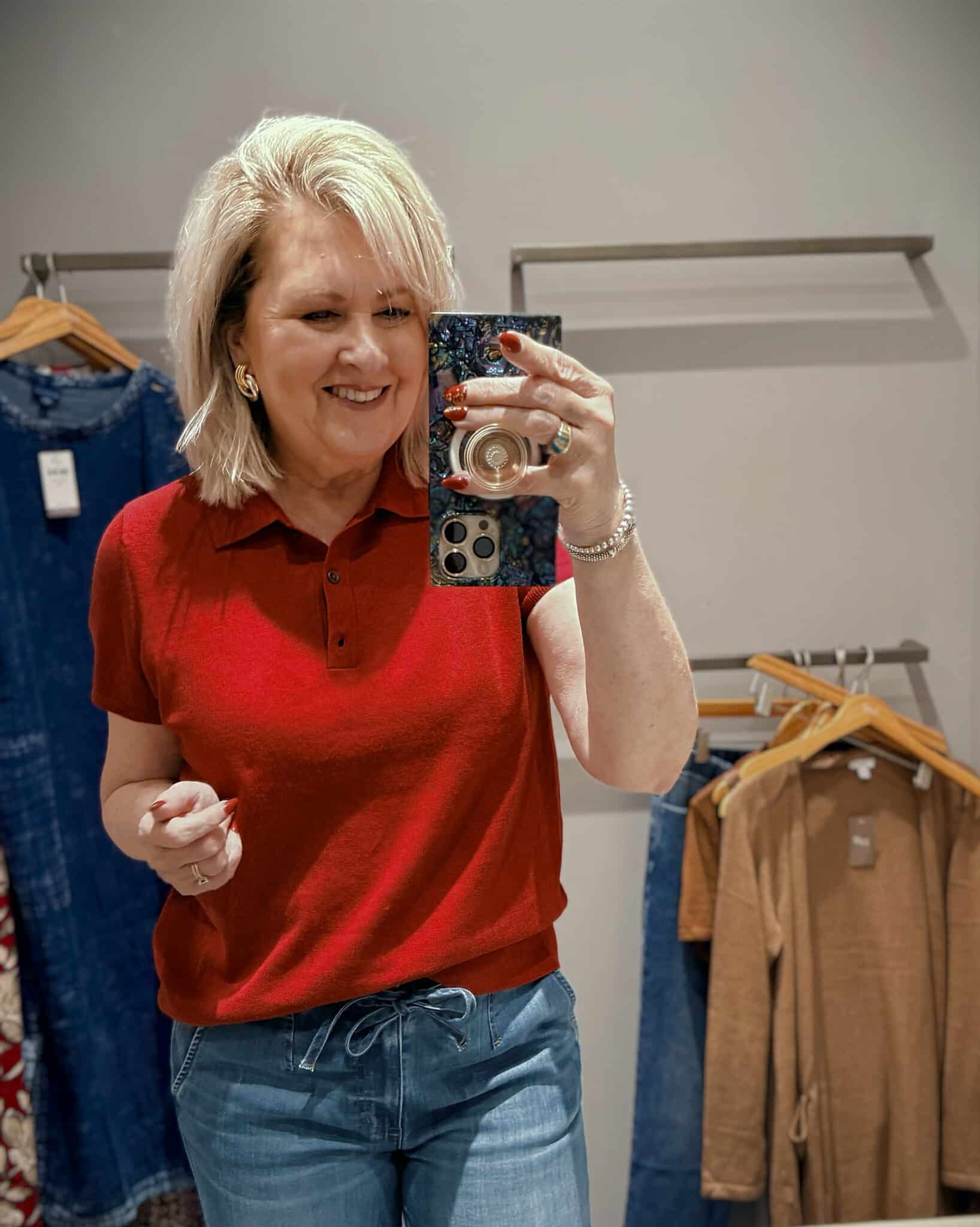 Tania in J.Jill wearing a crimson polo sweater