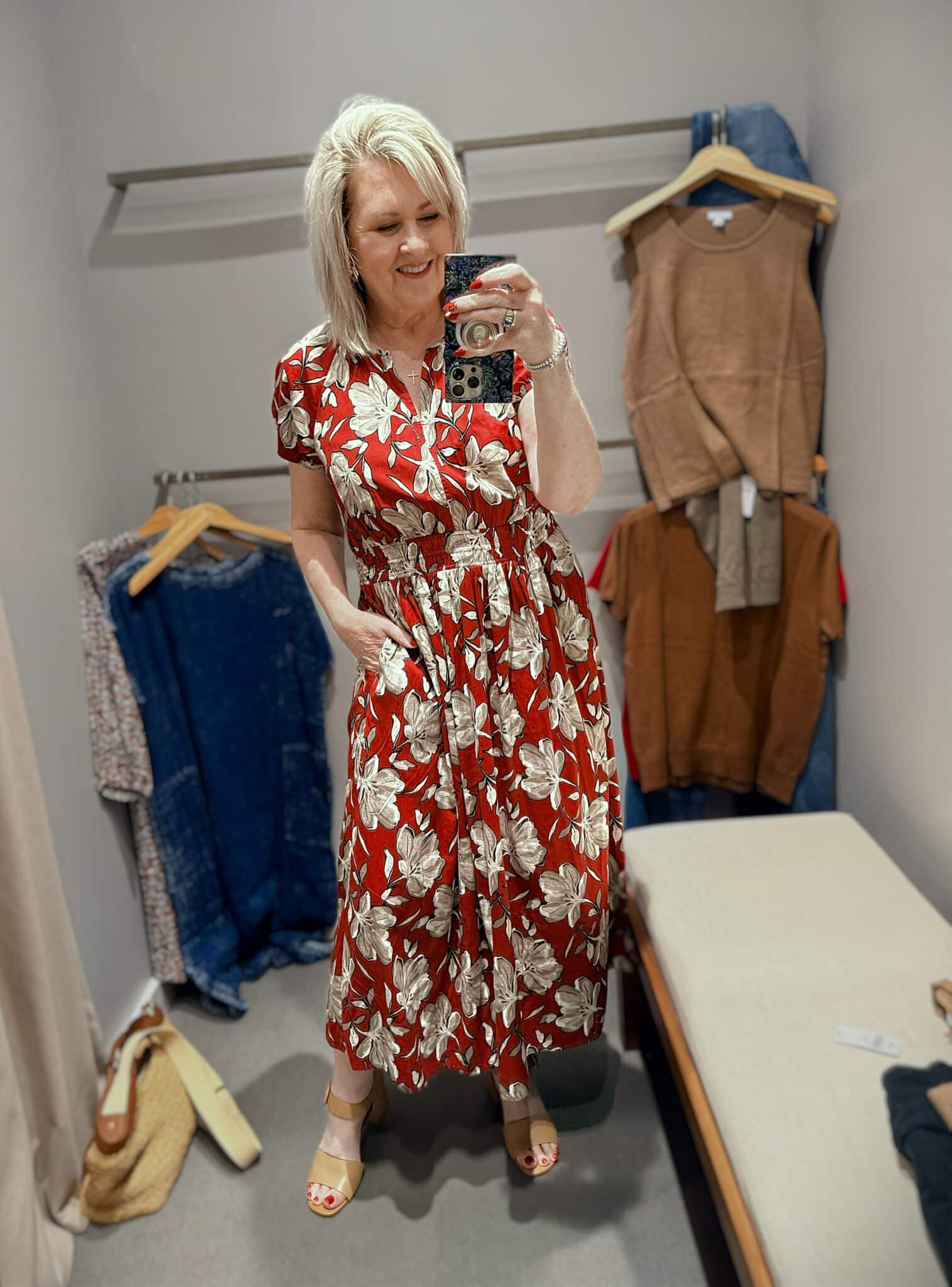 Tania in J.Jill wearing a smocked crimson printed dress