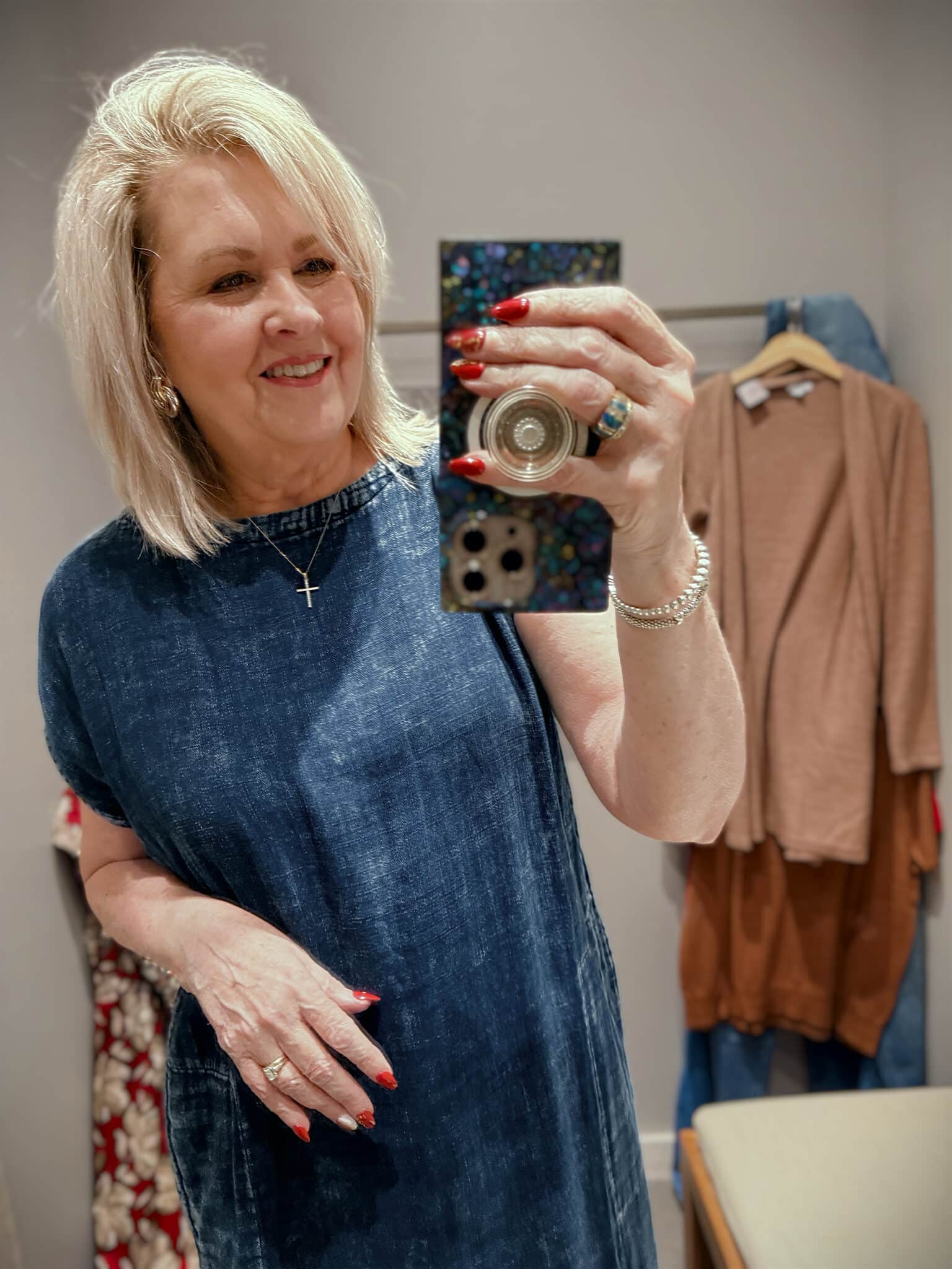 Tania in J.Jill wearing a maxi dress in denim