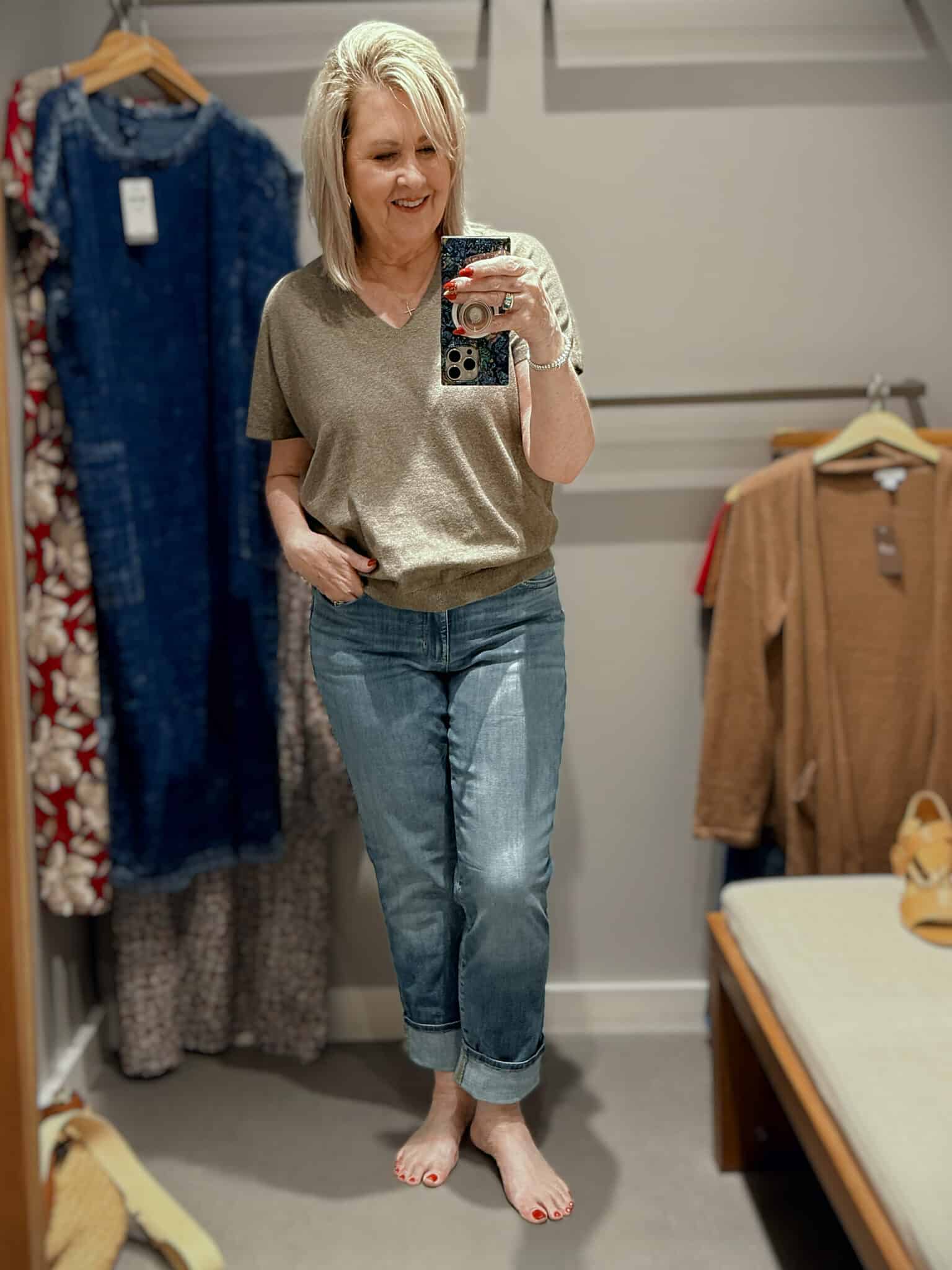 Tania in J.Jill wearing a truffle cotton cashmere sweater and jeans