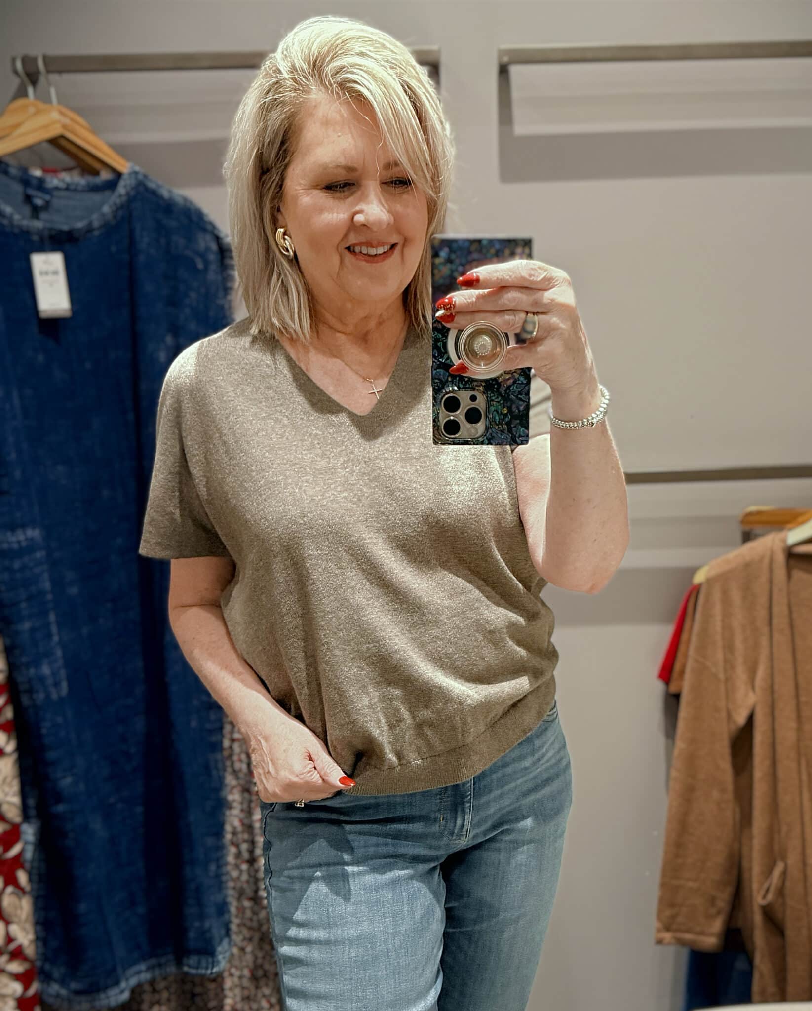 Tania in J.Jill wearing a truffle cotton cashmere sweater