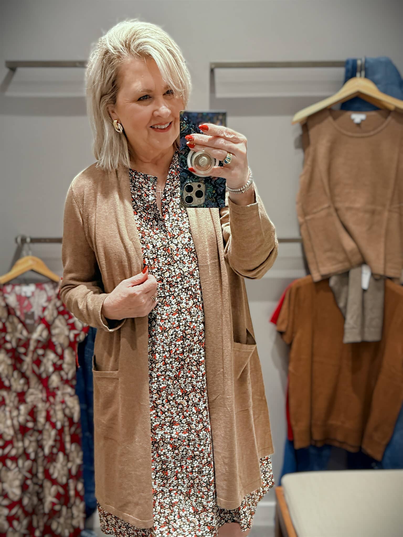 Tania in J.Jill wearing a knee length dress with the long cardigan