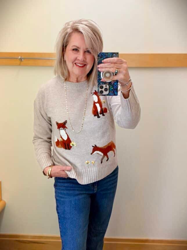 Tania wearing a fox sweater from Talbots