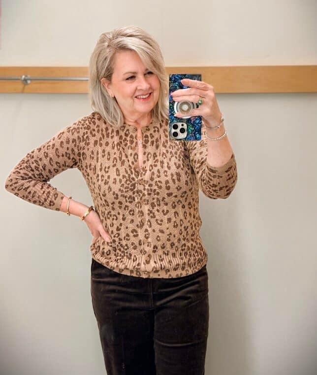 Tania wearing a leopard cardigan from Talbots