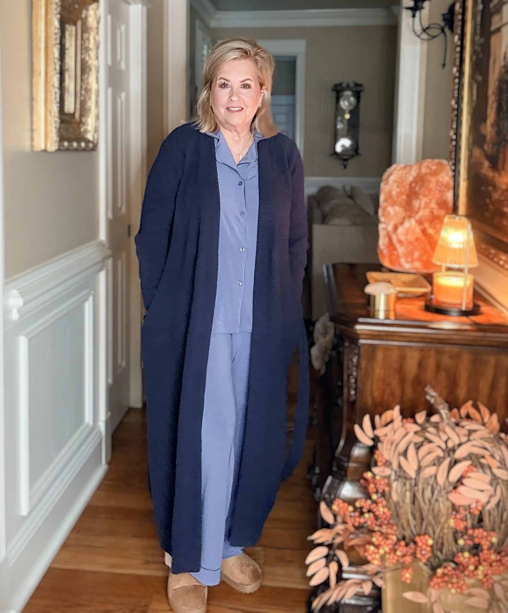Tania wearing the UGG Lenny Robe in navy