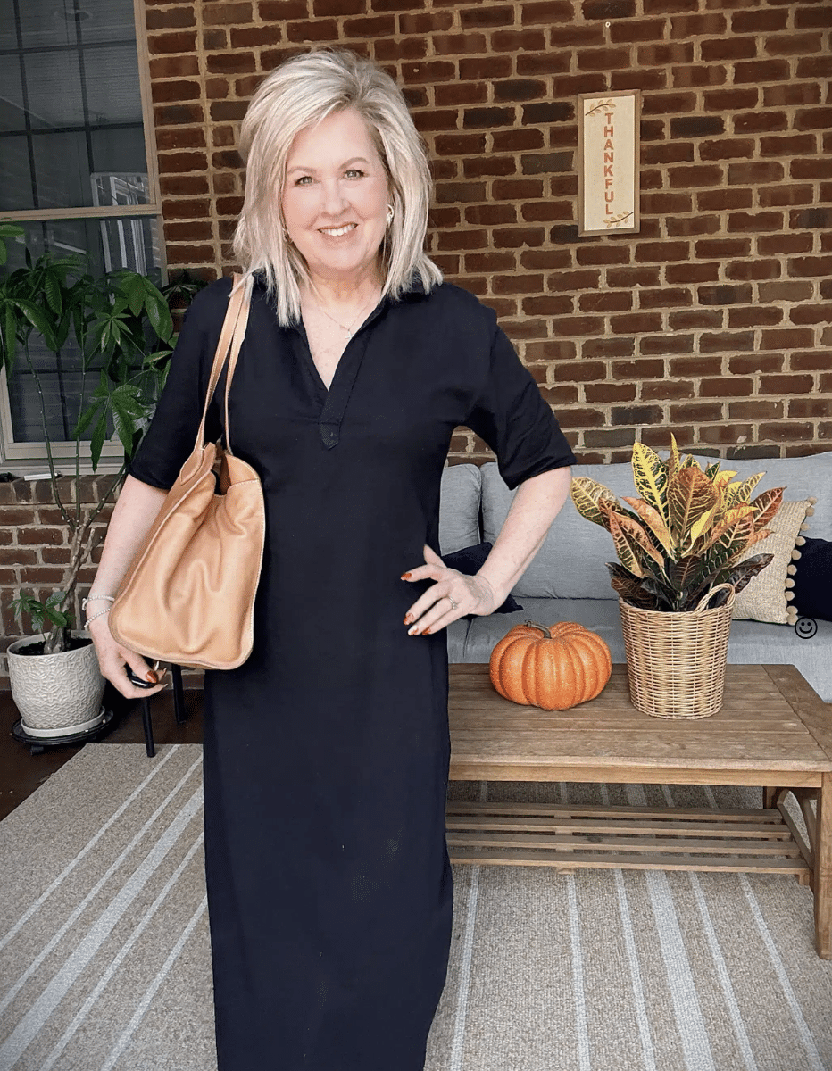 Tania wearing a black Frank & Eileen maxi dress