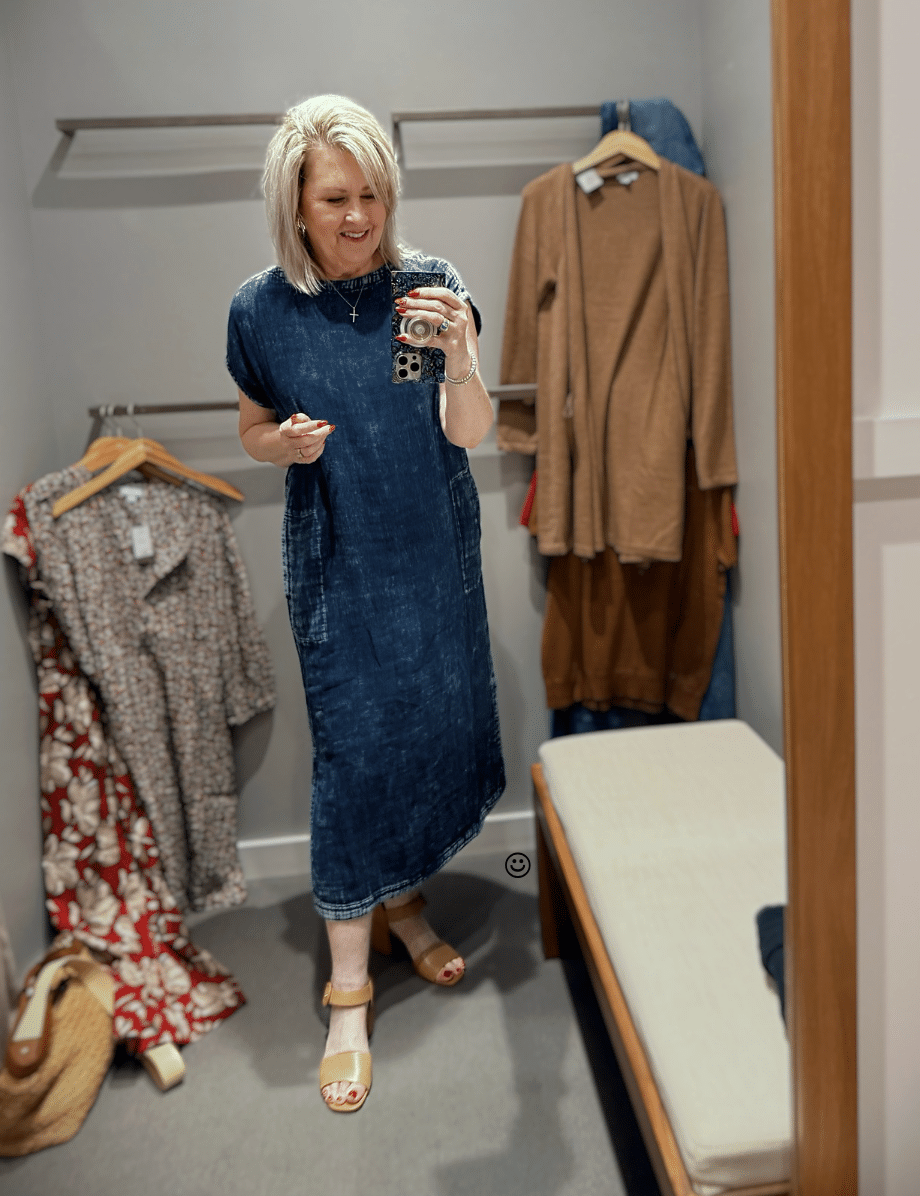 Tania in J.Jill wearing a Pure Jill maxi dress in denim