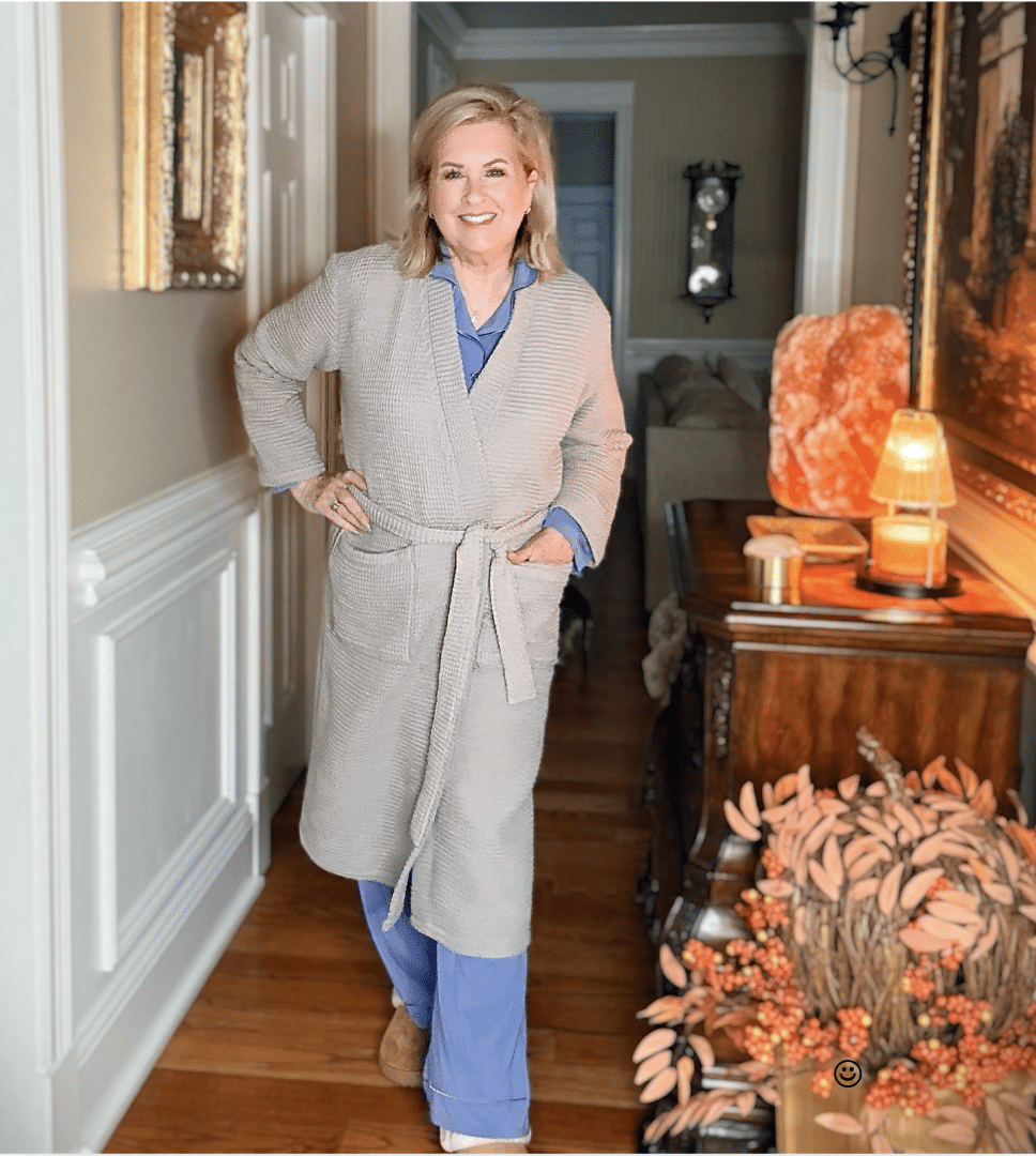 Tania wearing a Quince Waffle Robe in Grey